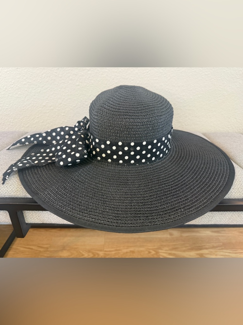Black Wide-Brim Straw Sun Hat with Polka Dot Ribbon - Picture 5 of 16